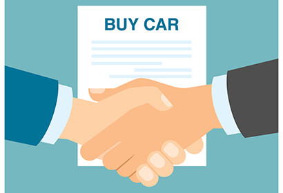 cartoon of shaking hands in front of a contract that says buy car